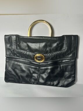 Vintage Moiseff Clutch Satchel Genuine Leather Black Gold Handle 70’s USA‎
